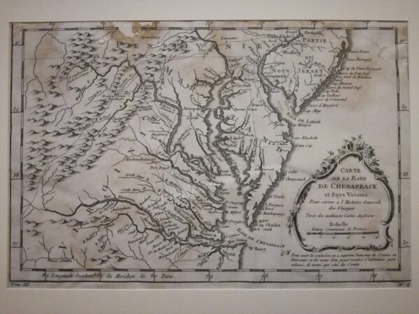 Antique Map Virginia, Chesapeake Bay, Maryland & parts NJ & PA 1756 J N Bellin